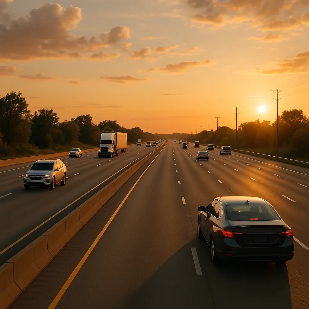 Multi-lane highway at sunset with vehicles traveling during golden hour with dramatic orange sky